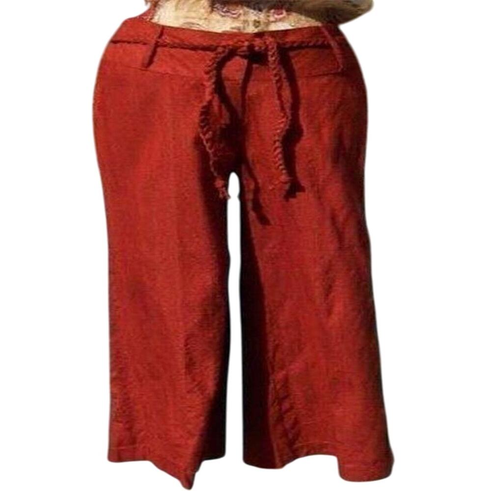 Cache Rust 100% Raw Silk Removable Self Belt Crop Pant New NWT Linen Feel $108